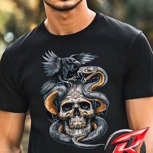 Skull Snake Raven T-Shirt, Gothic Norse Viking Crow Shirt for Men And Women, Dark Tattoo-Style Graphic Tee, Occult Horror Gift Idea