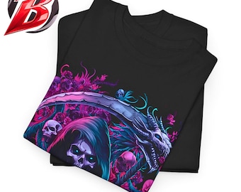 Camiseta de la Parca, camiseta con gráfico de calavera gótica, camiseta de fantasía oscura con temática de muerte, camiseta de estética de terror para hombre, arte neón de la Parca - Artista original