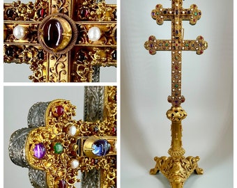 Altar cross or reliquary cross - Middle Ages replica of the abbess cross from the treasury of the Aachen - Burtscheid Abbey