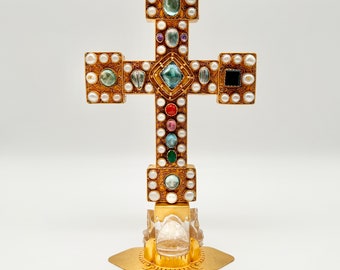 Church cross or altar cross based on the famous model from the cathedral treasury of Münster (Germany) made of gilded copper and precious stones