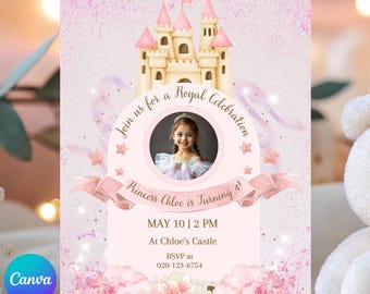 Sjabloon Royal Princess verjaardagsfeestje uitnodiging bewerkbare Canva Instant Download magische roze pastel roze pastel uitnodiging aangepaste prinses Fourever