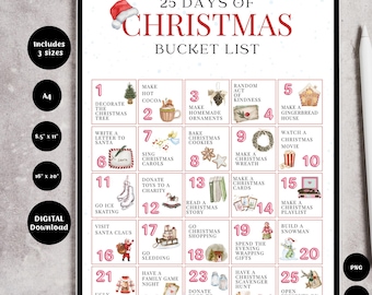 Kerstbucketlist afdrukbaar, checklist kerstactiviteiten, winterbucketlist, afdrukbare kerstadventskalenderactiviteit, bucketlist