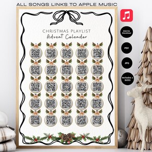 Può includere: Un calendario dell'avvento con playlist natalizie incorniciato con codici QR per ogni giorno. Il testo "Christmas Playlist Advent Calendar" è in alto. La cornice è marrone chiaro e lo sfondo è bianco. L'immagine include il testo "ALL SONGS LINKS TO APPLE MUSIC".