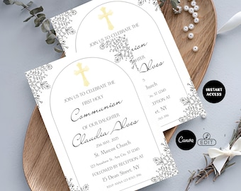Sjabloon uitnodiging eerste communie – bewerkbare afdrukbare gouden kruisuitnodiging voor jongen en meisje katholieke religieuze ceremonie kaartontwerp