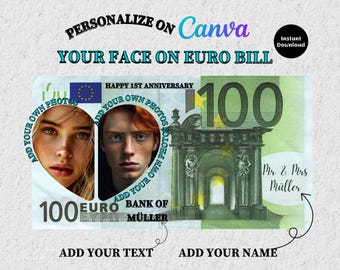 Sjabloon gepersonaliseerde 100 euro biljet bewerkbaar nep eurogeld eurobiljet geld afdrukbaar bewerkbaar bankbiljet euro Your Face geld aangepaste rekeningen
