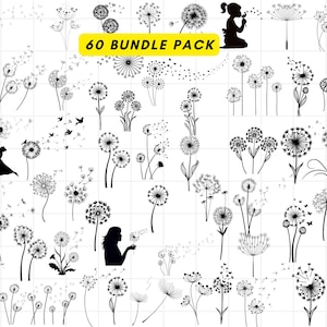 May include: A set of 60 black and white dandelion illustrations. The dandelions are in various stages of bloom, with some having seeds blowing in the wind. The text "60 BUNDLE PACK" is at the top of the image.
