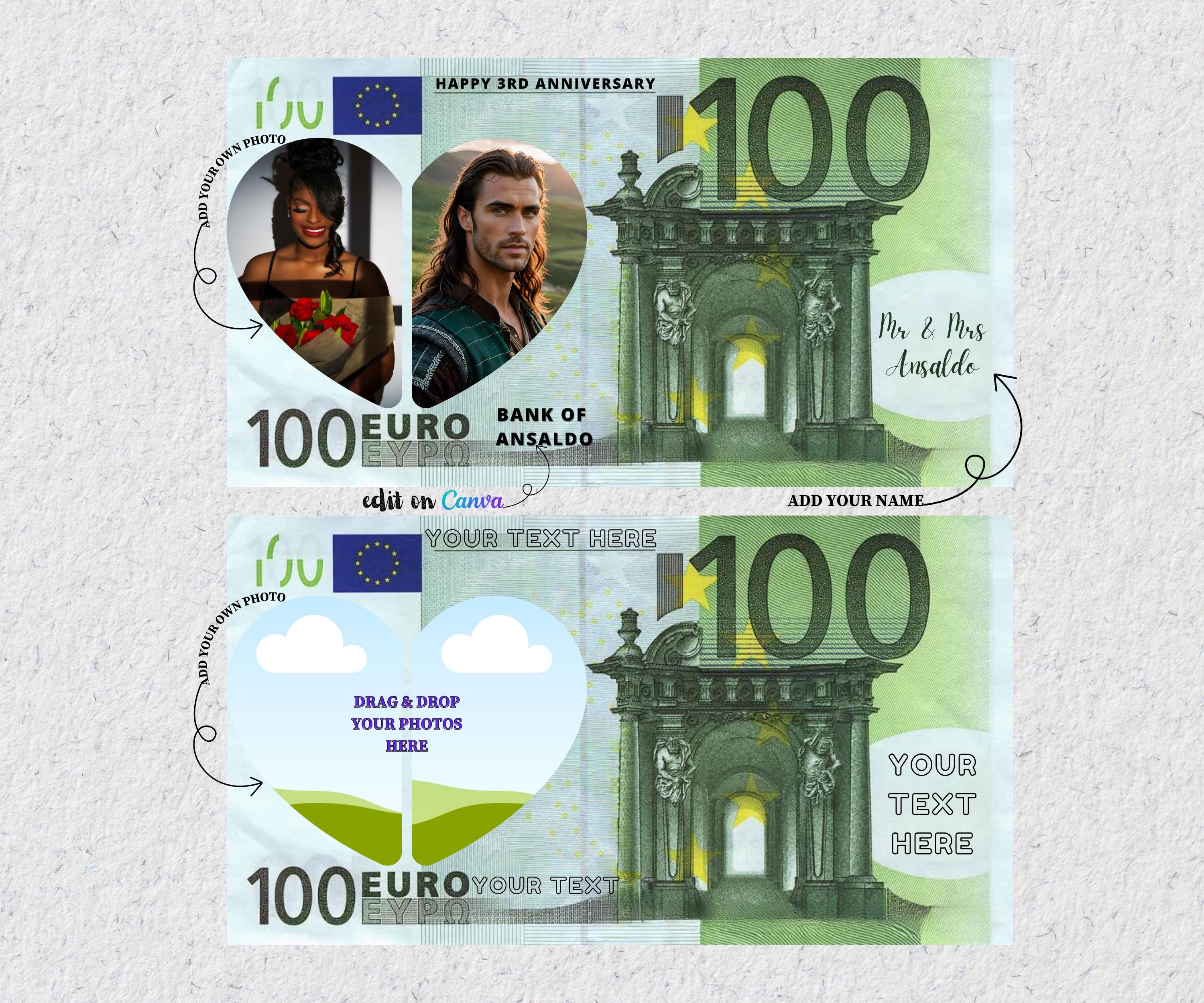 Personalized 100 Euro Bill Template Editable Fake Euro Money Euro Bill  Money Printable Editable Banknote Euro Your Face Money Custom Bills - Etsy, image size:3000x2500