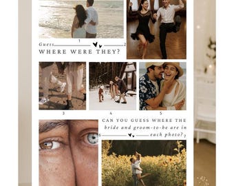 Waar waren ze-spel, bewerkbare canvassjabloon, minimalistisch bord vrijgezellenfeest, kaart met foto raden, afdrukbare poster douchespel koppels