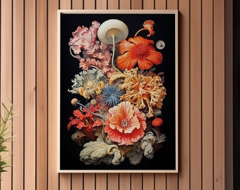 Blooms on Black Vol.1, stampa Cottagecore, disegno floreale vintage stampabile migliorato, arte della parete floreale, download digitale botanico