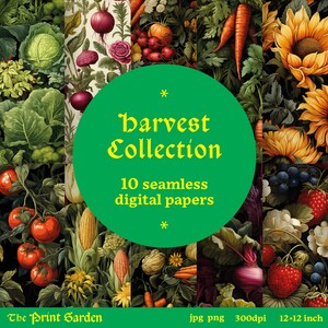 Op de afbeelding: Een collage van 10 digitale papieren met levendige illustraties van verschillende vruchten, groenten en bloemen. De papieren zijn naadloos en perfect voor knutselprojecten, scrapbooking en digitaal ontwerp. De tekst "Harvest Collection" en "10 seamless digital papers" wordt weergegeven in een geel lettertype op een groene cirkel.