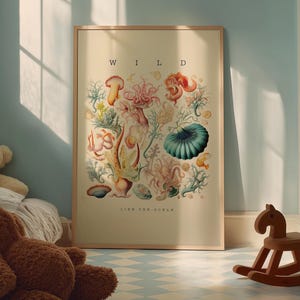 Selvaggio come l'oceano, stampa di vita marina, disegno vintage stampabile migliorato, citazione ispiratrice da parete, opera d'arte botanica sulla barriera corallina