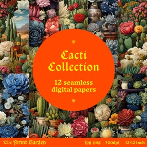 May include: A digital paper collection featuring 12 seamless patterns of cacti and succulents in a vintage style. The patterns are in a variety of colours, including green, red, pink, and yellow. The text "Cacti Collection" and "12 seamless digital papers" is displayed on a red circle in the centre of the image. The text "The Print Garden" is in the bottom left corner of the image. The text "jpg png 300dpi 12*12 inch" is in the bottom right corner of the image.