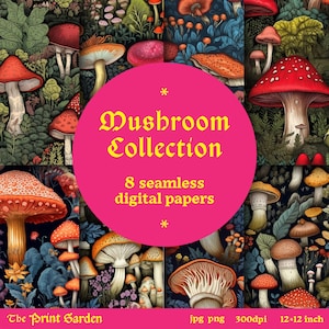 Collection Mushroom – 8 papiers numériques sans couture | Feuilles à motifs champignon vénéneux | Fournitures pour scrapbooking | Nature | Lot de journaux indésirables | Télécharger