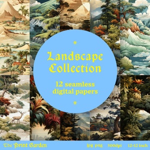 Landscape Collection – 12 Seamless Digital Papers | Wilderness Pattern Sheets | Scrapbooking | Adventure | Junk Journal Bundle | Download