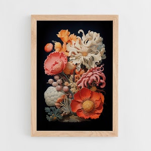 Blüten auf Schwarz Vol.2, Cottagecore Print, druckbare Vintage Blumenzeichnung verbessert, Blumenwandkunst, botanische digitaler Download