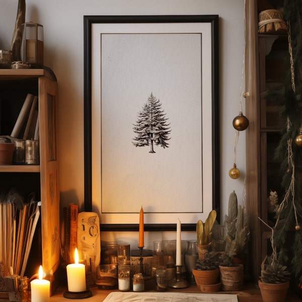 Norway Spruce Tree Wall Art, Pine Tree Print, Nordmann Fir Tree, Printable Vintage Tree Drawing Enhanced, Minimal Sketch