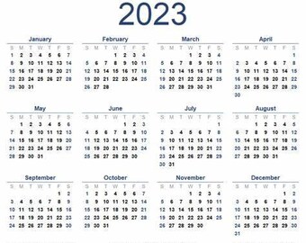May include: A 2023 calendar with a blue header and a white background. Each month is displayed in a separate box with the days of the week labelled as SMTWTFS. The calendar is free to print.