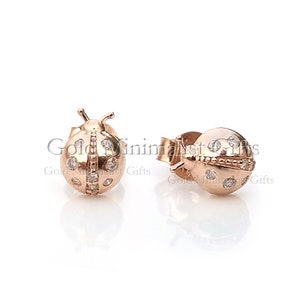 Ladybug Stud Earrings, Natural Diamond 14K Rose Gold Studs, Minimalist Party Wear Jewelry