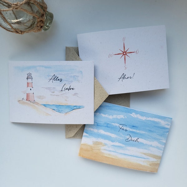 Mini greeting card set maritime sea lighthouse compass