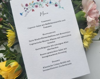 Menü Karte zur Hochzeit Blumen Rosé Aquarell Büttenpapier