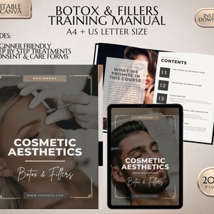 Manuale di formazione per principianti sull'uso di Botox e filler dermici, iniezioni passo passo (modificabile con Canva, download in PDF)