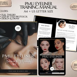 Puede incluir: Un manual de entrenamiento digital en blanco y negro para el delineador de ojos de maquillaje permanente. El manual incluye 110 páginas de información sobre el arte del delineador de ojos de maquillaje permanente, instrucciones paso a paso y técnicas de diseño y dibujo. El manual está disponible para descarga instantánea en tamaños A4 y carta de EE. UU.