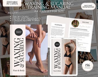 May include: A digital Waxing & Sugaring Training Manual, A4 and US Letter size, includes theory exam, step-by-step treatments, and consent forms. The cover features the text "Waxing & Sugaring Face & Body". The image also includes a tablet and several pages.