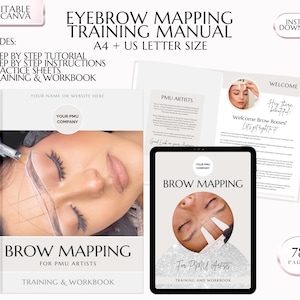 May include: A digital training manual for eyebrow mapping, featuring a white cover with the title "Brow Mapping" and the text "For PMU Artists" in black. The manual includes 78 pages of step-by-step instructions, practice sheets, and a workbook.