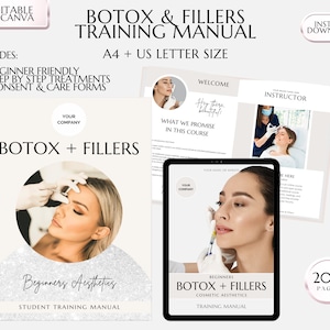 May include: A digital training manual for Botox and fillers, with a silver glitter background and the text "Beginners Aesthetics Student Training Manual". The manual is open to a page with a photo of a woman receiving a facial injection. The text "BOTOX + FILLERS Cosmetic Aesthetics Training Manual" is visible on the page.