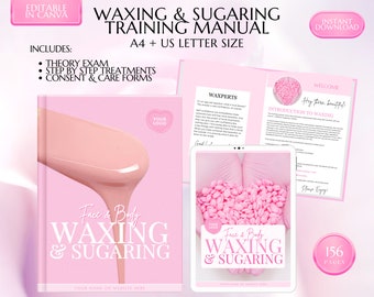 May include: Pink and white digital training manual for waxing and sugaring with 156 pages. The cover features a pink wax dripping onto a pink background with the text "Face & Body Waxing & Sugaring".