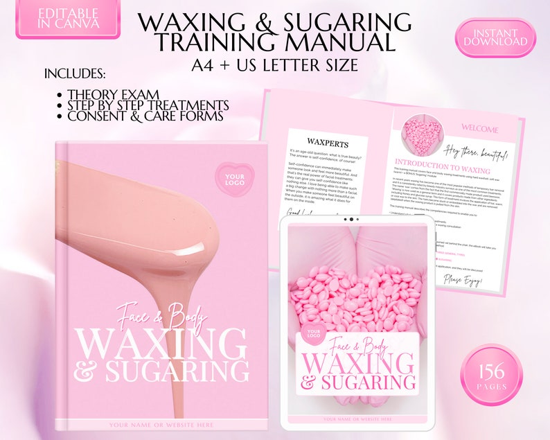 Waxing Training Manual, Facial Waxing, Body Waxing, Sugaring, Hair Removal, Estheticians, Educator, Student Guide, eBook, Edit in Canva