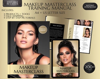 Master class maquillage, manuel de formation, manuel de maquillage, manuel MUA, formation MUA, cours MUA, guide de l'étudiant maquilleur, modifier dans Canva