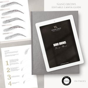 May include: A digital guide for Nano Brows, featuring a tablet displaying "Nano Brows Training Manual" and a logo. Accompanying it are printed pages with eyebrow diagrams and instructions. The guide is labeled as an "Editable Canva Guide."
