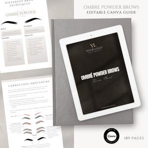 May include: A white tablet displays "Ombre Powder Brows" text, with a logo and the words "Your Logo Beauty Education." The tablet rests on a gray book, with instructional pages on brow techniques and correction procedures. The Canva logo is visible.