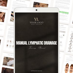 Peut inclure: Une tablette numérique affichant un manuel de formation sur le drainage lymphatique manuel. La couverture est noire avec le texte blanc : "MANUEL LYMPHATIQUE DRAINAGE Training Manual." D'autres pages montrent des schémas et du texte sur les techniques de massage.