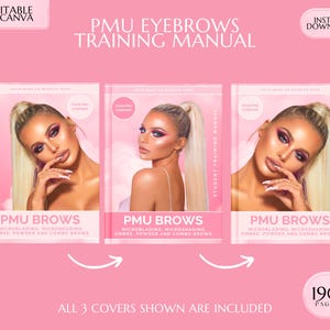 Peut inclure: Trois couvertures roses pour un manuel de formation aux sourcils PMU. Chaque couverture présente une femme avec des maquillages différents. Le texte sur la couverture indique "PMU Brows" et liste les sujets abordés : Microblading, Microshading, Ombre, Powder et Combo Brows. Le texte "All 3 Covers Shown Are Included" apparaît sous les couvertures. Le nombre "190 Pages" se trouve dans le coin inférieur droit.