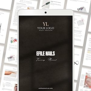 May include: A digital tablet displaying a training manual titled "EFILE NAILS Training Manual." The cover features a dark background with the text in white. Surrounding the tablet are pages with diagrams and text related to nail care and e-file techniques.