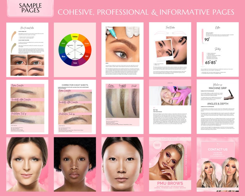 PMU Manual, Microblading Brows Training, PMU Course, Microshading, Ombre Powder Brows, Color Correction, Combo Brows Guide, Editable