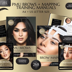 May include: A set of four digital training manuals for permanent makeup brow artists. The manuals are titled "PMU Brows", "MU Brows", "Brow Mapping", and "Brow Mapping". The manuals are in A4 and US letter size and include 268 pages.