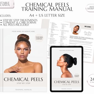 May include: A training manual for chemical peels, with a cover featuring a woman with dark hair and a white background. The manual is 242 pages long and includes step-by-step treatments, consent and care forms, and all peels. The manual is available in A4 and US letter size.