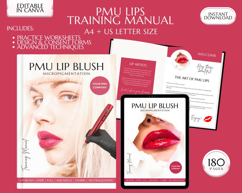 Lip Blush Training Manual, PMU Lips Course, Editable Guide, Tattoo Lip