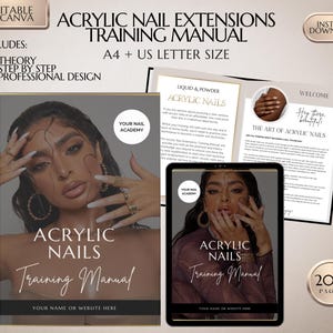 Può includere: Un manuale di formazione digitale per l'estensione delle unghie in acrilico. La copertina presenta una donna con unghie lunghe in acrilico e il titolo "Acrylic Nails Training Manual". Il manuale è lungo 200 pagine e include teoria, istruzioni passo dopo passo e design professionale.