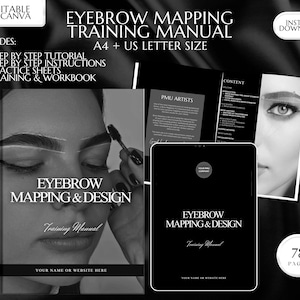 Op de afbeelding: Zwart-witte digitale download van een trainingshandleiding voor wenkbrauwmapping en -ontwerp. De handleiding bevat stapsgewijze tutorials, oefenbladen en een werkboek. De omslag toont een close-up van een vrouwengezicht met haar wenkbrauwen die worden gemapd. De tekst op de omslag luidt "Eyebrow Mapping & Design Training Manual".