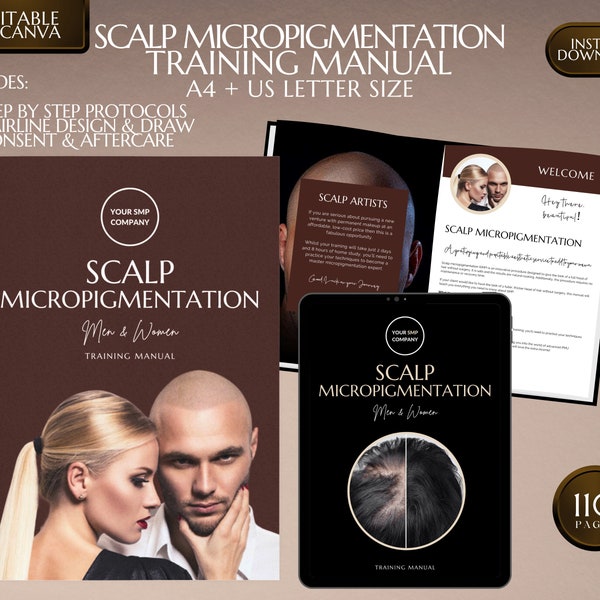 Scalp Micropigmentation Training Manual, SMP Manual, SMP Training Guide, Permanent Makeup Manual, Custom SMP Manual, eBook, Edit in Canva