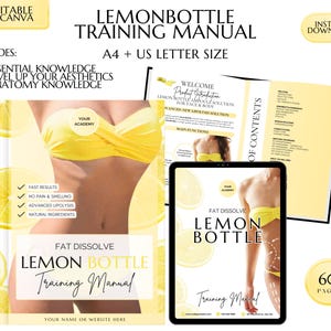 Könnte beinhalten: Ein digitales Trainingshandbuch für ein fettlösendes Produkt namens Lemon Bottle. Das Cover zeigt eine Frau in einem gelben Bikini und Zitronen. Das Handbuch umfasst 60 Seiten und enthält wichtige Informationen zu Wissen, Ästhetik und Anatomie.