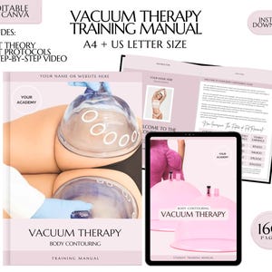 Puede incluir: Un manual de entrenamiento digital rosa y blanco para la terapia de vacío para el contorno corporal. El manual incluye 160 páginas de información y está disponible para descarga instantánea. La portada presenta a una mujer recibiendo un tratamiento de terapia de vacío y un primer plano de las ventosas.