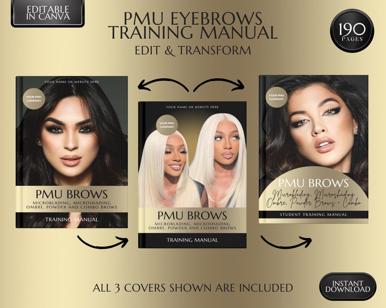 Permanent Makeup PMU Training Manual, Microblading, Microshading, Ombre, Powder Brows, Color Correction, Combo Brow, Student Guide, Editable