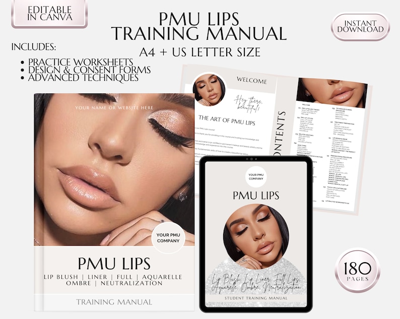 Lip Blush Training Manual, Lip Blushing Training Guide, Lip Micropigmentation Course, PMU Lips, Tattoo Lip Liner, Aquarelle, Edit in Canva