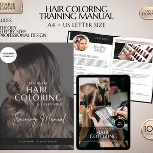 Puede incluir: Un manual de capacitación digital para colorear y aclarar el cabello. La portada presenta a una mujer con cabello largo y castaño y el título "Manual de capacitación para principiantes en coloración y aclarado del cabello". El manual tiene 100 páginas e incluye teoría, instrucciones paso a paso y diseño profesional.