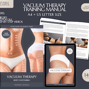 Puede incluir: Un manual de formación digital para la terapia de vacío para el contorno corporal. La portada presenta el cuerpo de una mujer con líneas dibujadas en él, y el texto "Vacuum Therapy Body Contouring Training Manual". El manual tiene 140 páginas.